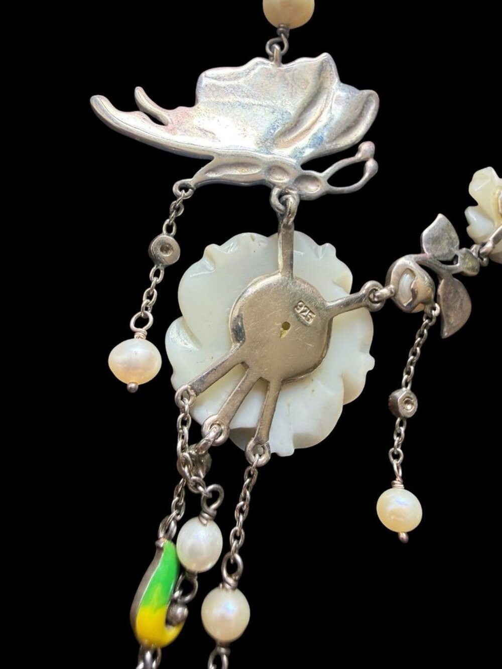 Vintage 925 Sterling Silver Carved MOP Flower Enameled Butterfly Necklace - Picture 6 of 7